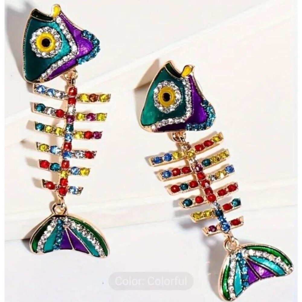 Rainbow Rhinestone Fish Bones Earrings 2.5" Women Teens